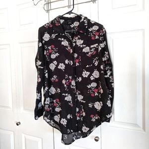 Empyre Floral Black Pink Semi Sheer Button Up Blouse Medium